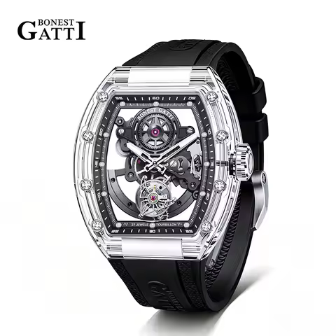 BONEST GATTI Men Tourbillon Automatic Watch Crystal Case Sapphire Luminous Top Brand Rubber Strap Wr