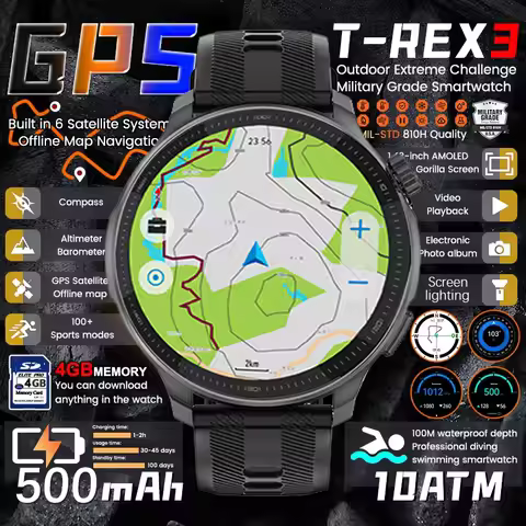 2026 Military T-Rex 3 Smart Watch Fitness Clock Men 466*466 AMOLED Screen 500mAh Battery Flashlight 