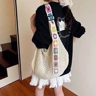 Korean Style Spliced Knitted Shoulder Bag for Women Large Capacity Casual Tote Bag Ethnic Style Retr