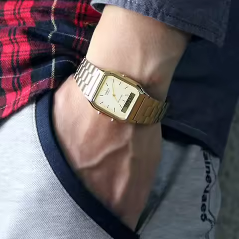 Casio AQ-230GA-9D/9B Gold Tone Neutral Watch Retro Small Square Dual Display Analog Digital Waterpro
