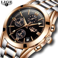 {Best-selling party decoration}LIGE นาฬิกาผู้ชาย,นาฬิกาควอตซ์นาฬิกากีฬาบุรุษแบรนด์หรูทหารนาฬิกาผู้ชายเหล็กเต็มรูปแบบนาฬิกาธุรกิจลำลองสีทอง