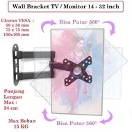 NEW Wall Bracket FULL MOTION ROTARY Putar 360 Vertikal Horizontal CP102 for MONITOR PC TV LED 13-32 