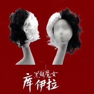 European American Ladies cos Wig Black White Witch Cruella Cruella Short Curly Hair 101 Dalmatians H