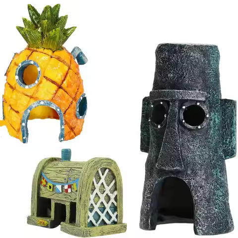 Set Fish Tank Aquarium Decor Squidward House Pineapple Cartoon House Home Ornaments Aquarium Accesso