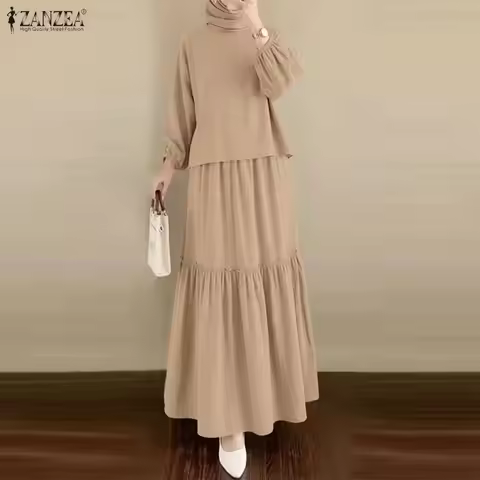 2026 ZANZEA Fashion Muslim 2 Piece Sets Women Long Sleeve Tops Dress Suit Solid Outfits Dubai Hijab 