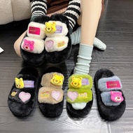 Dép lông quai ngang mix màu thỏ gắn sticker gấu POOH VÀNG ĐỎ