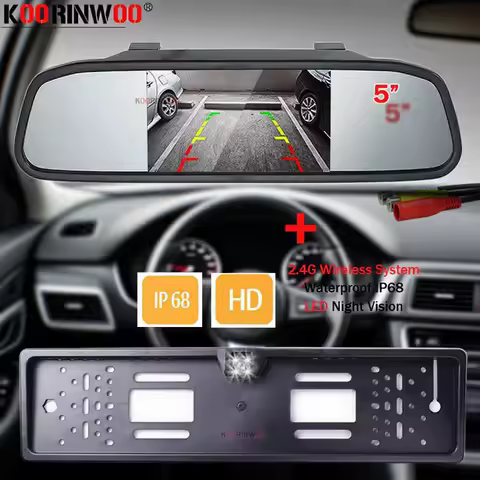 Koorinwoo Screen For Car Rearview Mirror With Rear Camera European License Frame Camera Back up Mirr