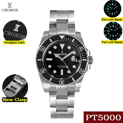 Cronos Sub Diver Men's Watch PT5000 No Date Brushed Bracelet Ceramic Bezel 200m Water Resistant Glid