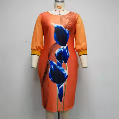 2XL 6XL African Large Size Women's Clothing New Crew Neck Seven-Sleeve Positioning Printed Dress