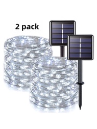 1入組/2入組X 10m/33 英尺100led 太陽能供電銅線燈，冷白光顏色，戶外防水童話燈，適合花園裝飾，有8 種模式，夜間自動開/關，白天太陽能充電，非常適合樹木裝飾和房間裝飾