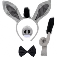4pcs/Set Cute Donkey Costume Accessory - Gray Animal Ear Headband, Bowknot And Donkey Nose, Suitable
