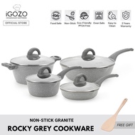 iGOZO Rocky Grey Non-Stick Granite Cookware (18cm Saucepan / 20cm Frying Pan / 24cm Frying Pan / 24cm Casserole Pot / 30cm Stir-Fry Wok) [Free Wooden Spatula]