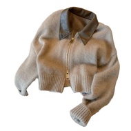 Women Sweater Coat Lapel Long Sleeve Zipper Placket Knitting Cardigan Patchwork Color Ribbed Trim Lo