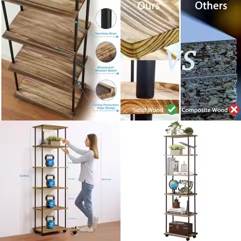 6-Tier Wooden Bookshelf on Wheels for Compact Spaces, Storage Organizer for CDs, Movies, and Books