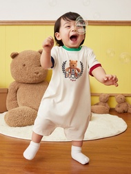 嬰兒裝|Logo小熊印花圓領短袖包屁衣/連身衣-白色