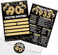 REWIDPARTY Black Gold 90th Birthday Invitations with Envelopes & Stickers（Set of 15） Back in 1934 Fi