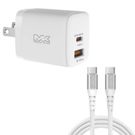 【組合價】MEGA KING 30W氮化鎵雙孔旅充頭(1C1A) 白+ C to C 傳輸充電編織線 2M 白