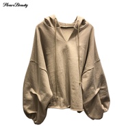 Solid Color Drawstring Pullover Hoodie Autumn Batwing Sleeve V-Neck Women Sweatshirt Streetwear