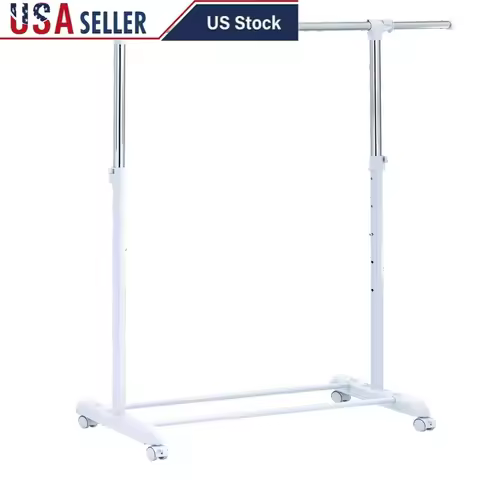 Adjustable Rolling Garment Rack Metal Chrome White Space Saving Design Easy Installation Shoe Storag