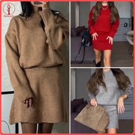 fulaide 2 Pcs/Set Women Sweater Skirt Set Preppy Style Loose Knitted Solid Color O Neck Long Sleeves