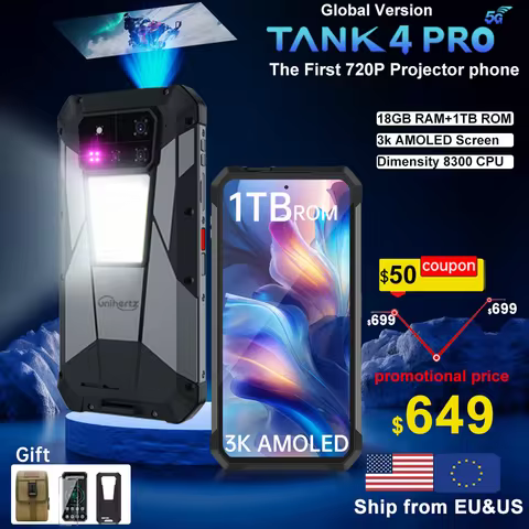 【World premiere】Unihertz by 8849 Tank 4 pro Smartphone 5G with 720P Projector Dimensity 8300 36GB+1T