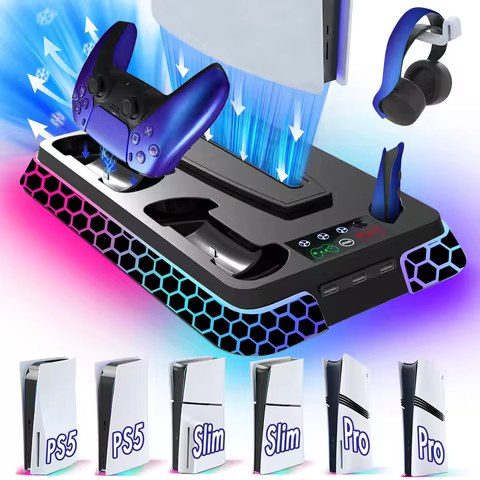 Cooling Station for PS5/ PS5 Slim/ PS5 Pro, Aounion YH66S PS5/ Slim/ Pro Stand with RGB, Organizer &