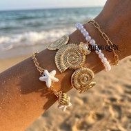 4 Pcs Mermaid Core Ocean Bracelet & Bangle Set Gold Starfish Conch Shell Pearl Stackable Bracelets f