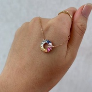 愛的循環彩虹漸層天然剛玉鑽石剛玉18k金項鍊彩色藍寶石吊墜