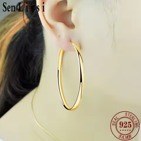 Senlissi - New 18K Gold Plated Hoop Earrings For Women 925 Sterling Silver 3.0mm Fashion Earring Cер