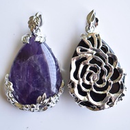 Women's Natural Stone Purple Crystal Aventurine lapis lazuli Teardrop Inlaid Metal Flower Pendant Wholesale 8pcslot free