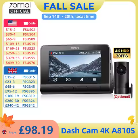 70mai A810S 4K Dash Cam IMX678 Dual HDR Supercapacitor 4G LTE Remote Control Wi-Fi 6 5GHz Voice Cont