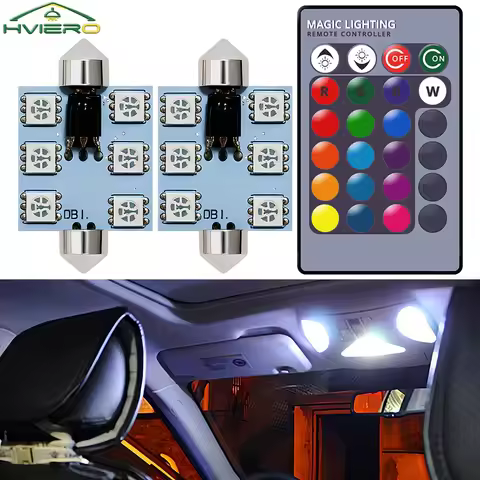 2X RGB 6SMD Roof Dome Festoon Reading Lamps C5w Car Auto Remote Controlled Atmosphere Led Welcome Li