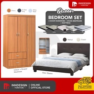 (FREE PILLOW) Single/Queen Size Bedroom Set 2 Doors Wardrobe+Bedframe+6 Inch Foam Mattress