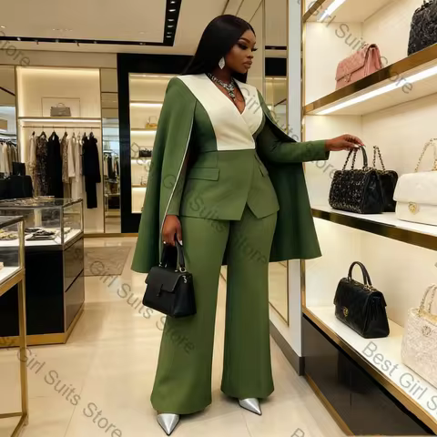 White Green Cape Women Suit Set 2 Piece Wrap Blazer+Pants Cotton Spring Formal Office Lady Jacket Cu