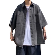 Men Denim Button-down Shirt Short Sleeve Lapel Shirt with Chest Pockets Loose Fit Casual Shirt for S