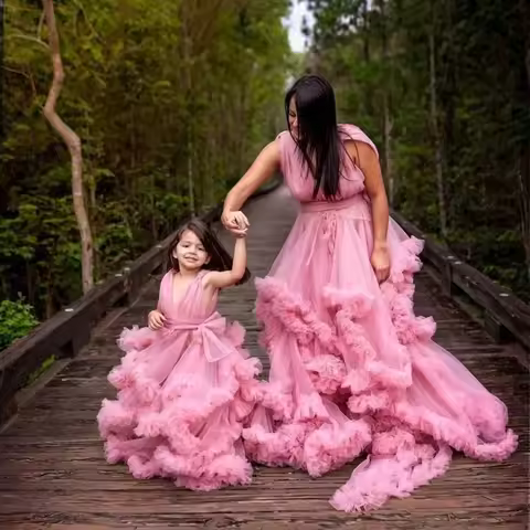 Sleeveless Fluffy Mesh Tutu Dress Mom and Daughter Princess Dress Fancy Prom Vestidos Elegant Pregna