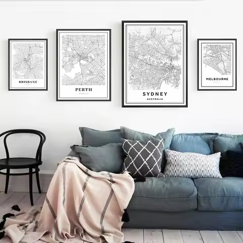 Sydney, Perth, Brisbane, Melbourne Australia City Street Road Map Posters and Prints Travel Gift Wal
