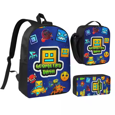 3pecs/set Geometry Dash Gaming Backpack for Student High School Daypack Lunch bag Pencil Case