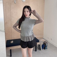 [Styling Careful Machine] DOMISS Mesh Fake Two-Piece Top-2 Colors Layered Stitching Long-Sleeved Top