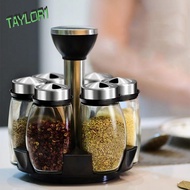 TAYLOR1 Spice Storage Container, with 6 Glass Spice Jars Stainless Steel Rotating Spice Rack, Glass Spice Jars 360° Rotating Sturdy Spice Bottle Rack Home Organization