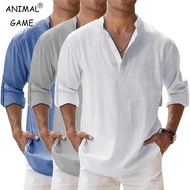 Baju Streetwear Lelaki Ringan Lengan Panjang Henley Baju Katun Linen untuk Lelaki Baju Pantai Hawaii