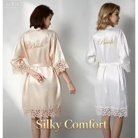 Bride Silk Robe – Lace Trim Kimono Cardigan One Size – Soft & Breathable – Perfect for Wedding Morni