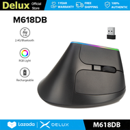 Delux M618DB เมาส์แนวตั้งไร้สาย 6 ปุ่มตามหลักสรีรศาสตร์ สูงสุด 2400DPI 2.4GHz บลูทูธ ไฟ RGB แบบชาร์จ