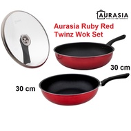 Aurasia Ruby Red Twinz Non=stick Wok Set/Aurasia Wok 36cm Casserole 28cm with Lid Double-sided Pan 3