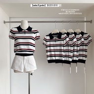 92460 Polo Collar Contrast Color Striped Knit Short-Sleeved t-Shirt
