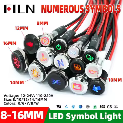 8/10/12/14/16mm symbol LED Indicator Light 12V 24V Black Metal Indicator Dash Pilot Light with Wire 
