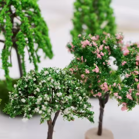 Plastic Model Trees Natural Green Simulation Dollhouse Mini Tree Artificial Moss Rocks/Wooden Base F