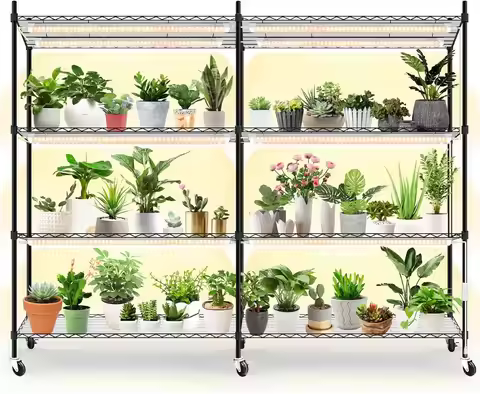 4-Tier Plant Shelf with Grow Light, 12-Pack 288W Full Spectrum, Wheels, 57.4"L x 13.8"W x 59"H
