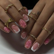 24pcs Short Square Press-On Nails, 3D Gel Nail Set, Floral And Blush Design, French Tip Acrylic Pres