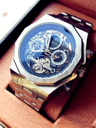 สีดำ Knight Hollow Out นาฬิกากลไกอัตโนมัตินาฬิกาข้อมือผู้ชายแนวโน้มกันน้ํา Night Light นาฬิกาเยอรมัน